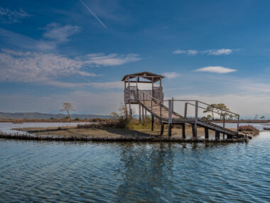 observation platform in the Lagoon of Divjake-Karavasta National Park in Albania. Beautiful landscape. travel concept. High quality photo