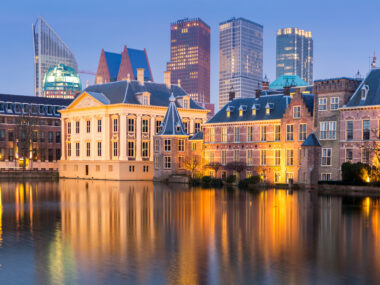 Binnenhof palace, place of Parliament in The Hague, of Netherlands at dusk