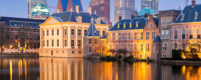 Binnenhof palace, place of Parliament in The Hague, of Netherlands at dusk