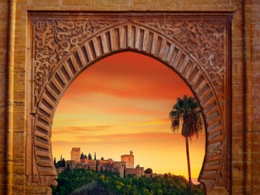 Alhambra arch Granada illustration with alhambra sunset photo mount