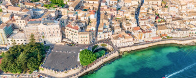 Syracuse Sicily, large square and source Arethusa in Ortigia, aerial view