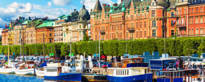 Scenic summer panorama of the Old Town (Gamla Stan) pier architecture in Stockholm, Sweden